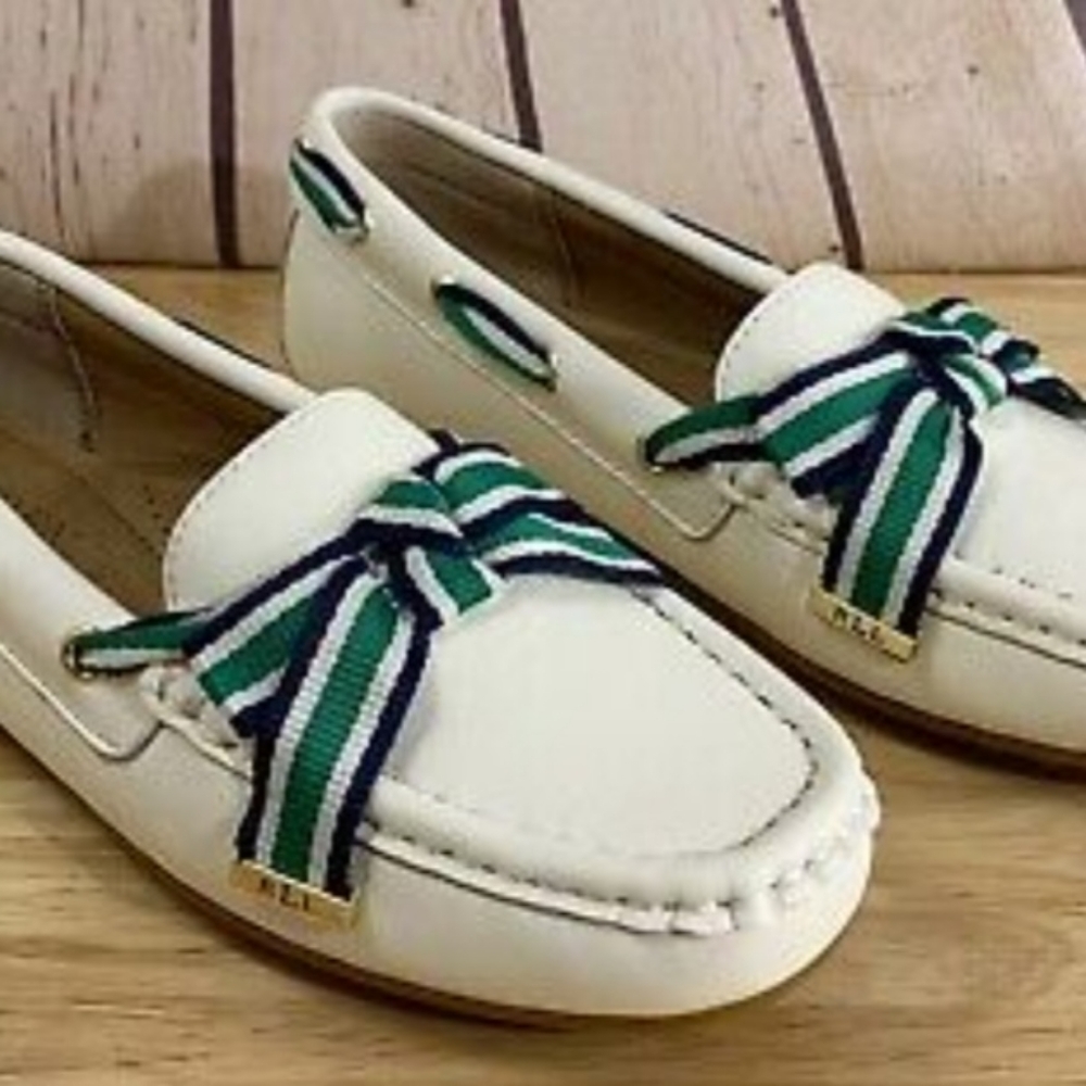 Ralph Lauren Becka leather loafers off white green and blue